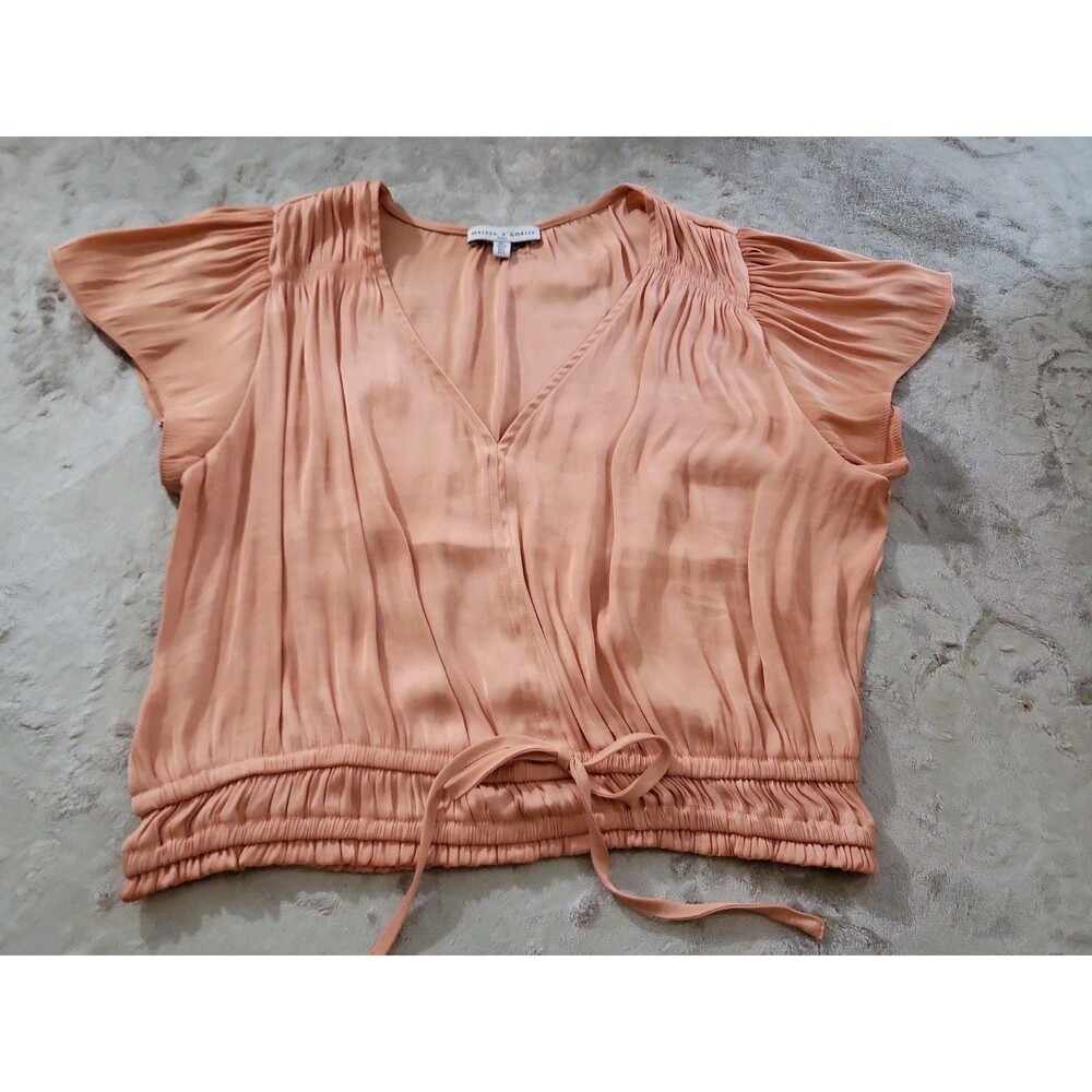 Maison D Amelie Paris Top Peach Large Womens V Neck Blouse Ruffle Flutter Sleeve